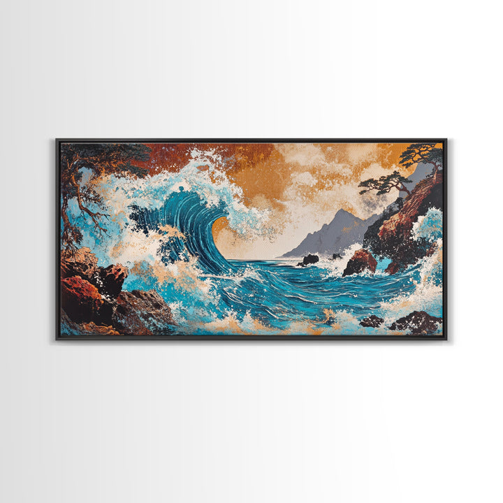 Crashing Turquoise Wave Between Rocky Cliffs Canvas Print, Japanese Ocean Wall Art, Dramatic Coastal Home Decor For Living Room
