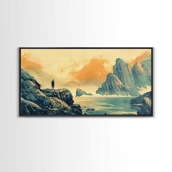 Lone Traveler Over Misty Mountain Lake Framed Canvas Print, Asian Landscape Wall Art, Calming Japandi Home Decor For Living Room