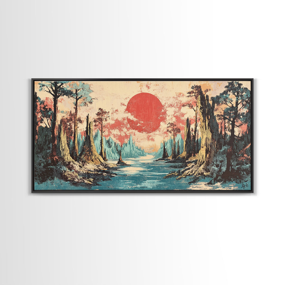 Cypress Swamp River At Red Sun Sunset Canvas Print, Bayou Landscape Wall Decor, Rustic Nature Art, Living Room Decor, Housewarming Gift