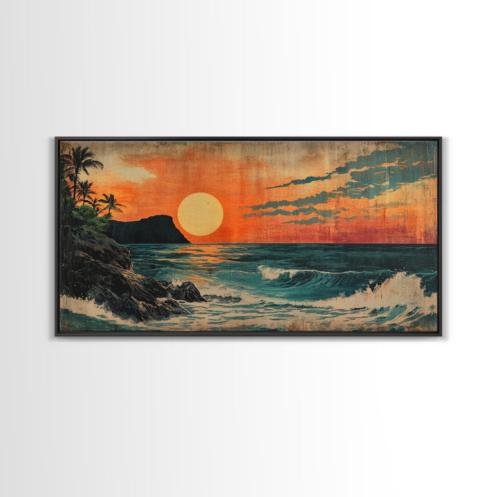 Tropical Island Sunset With Orange Sky And Waves Framed Canvas Print, Coastal Wall Art, Beach House Decor, Ocean Art, Living Room Decor