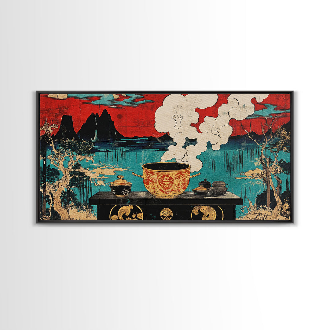 Steaming Tea Pot Before Asian Lake And Red Sky Canvas Print, Japanese Kitchen Wall Art, Zen Dining Room Decor, Tea Lover Gift