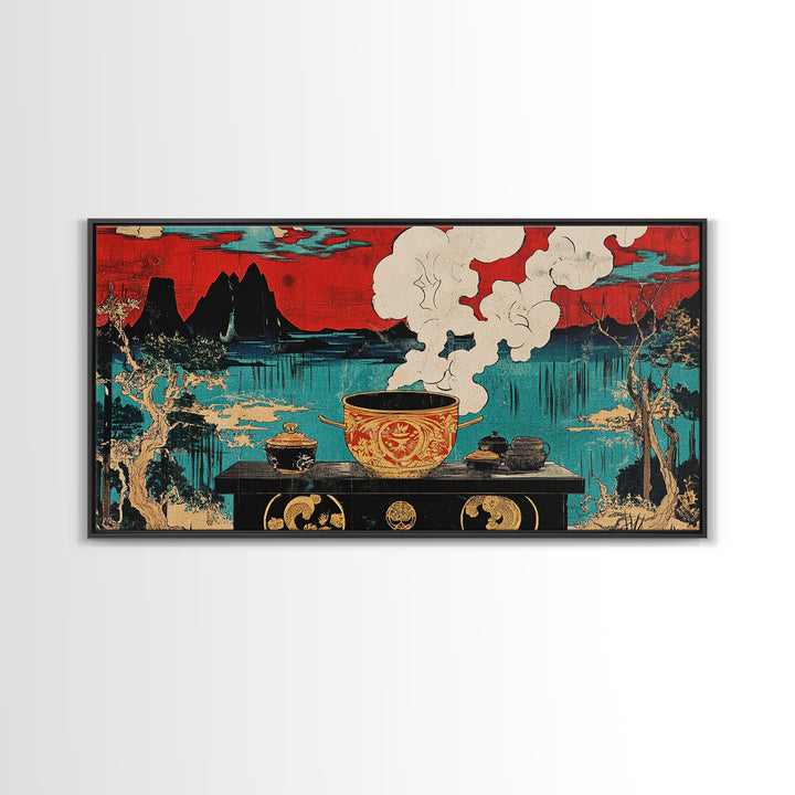 Steaming Tea Pot Before Asian Lake And Red Sky Canvas Print, Japanese Kitchen Wall Art, Zen Dining Room Decor, Tea Lover Gift