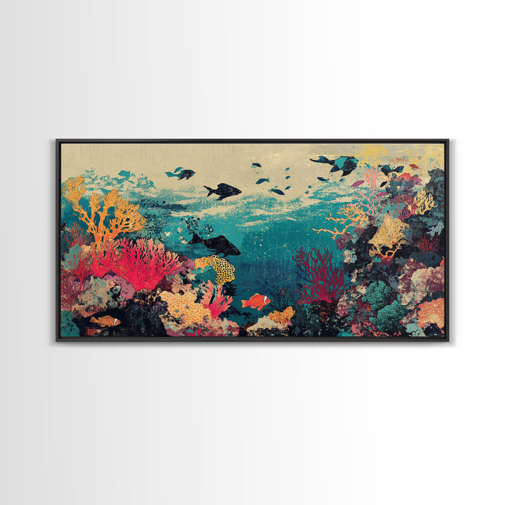 Vibrant Coral Reef Fish And Sharks Wall Art, Coastal Ocean Canvas Decor, Tropical Sea Life Print, Beach House Gift, Living Room Decor