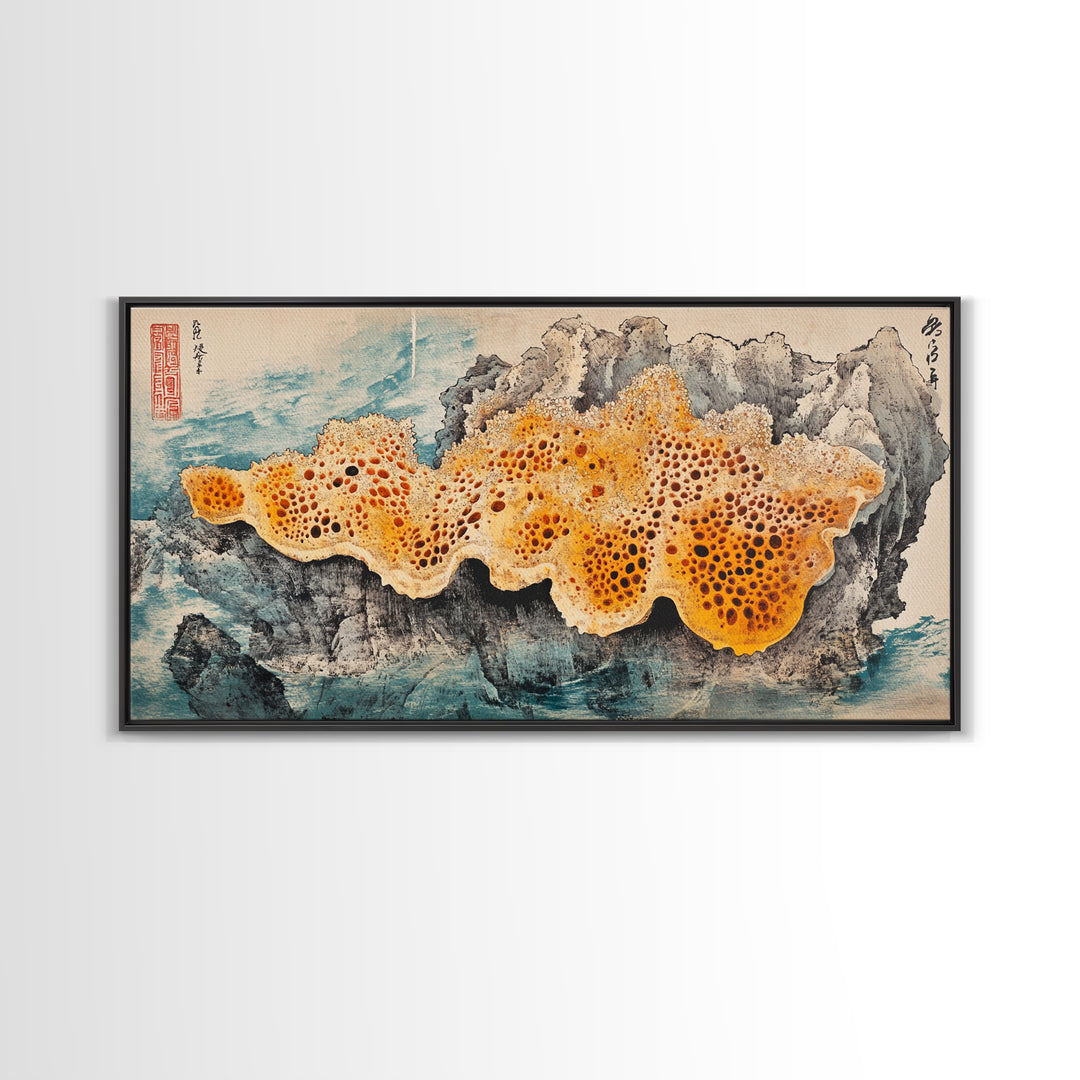Orange Sea Sponge On Rock Wall Art, Japanese Coastal Print, Ocean Life Decor, Textured Marine Canvas, Beach House Gift, Wall Decor