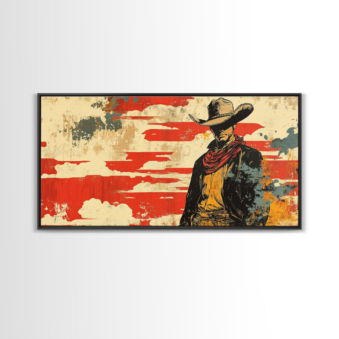 Lone Cowboy Under Red Sky Wall Art, Western Canvas Print, Rustic Ranch Decor, Masculine Office Art, Gift For Him, Cowboy Wall Decor
