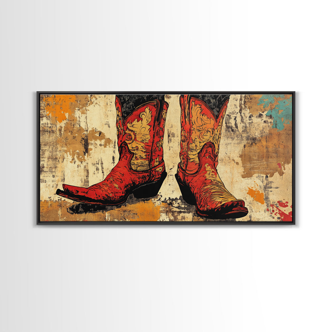 Red Embroidered Cowboy Boots Wall Art, Western Canvas Print, Cowgirl Decor, Rustic Farmhouse Gift, Statement Western Decor