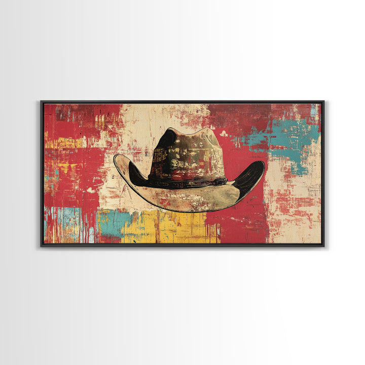Distressed Cowboy Hat On Red Turquoise Wall Art, Western Canvas Print, Rustic Ranch Decor, Man Cave Gift, Modern Decor Print