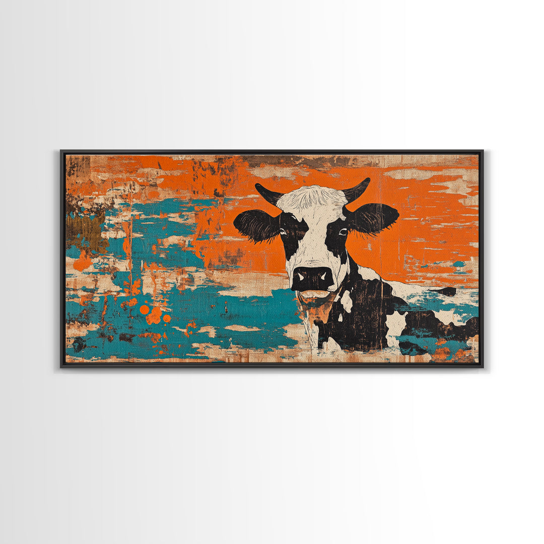 Black And White Cow On Orange Teal Rustic Canvas Print, Farmhouse Wall Art, Kitchen Decor, Country Home Decor Gift For Farmhouse Style