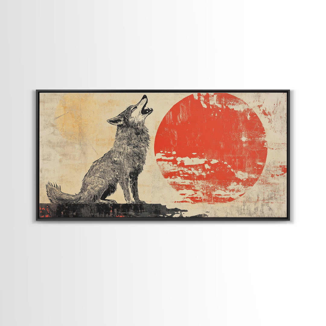 Howling Wolf With Red Sun Framed Canvas Print, Rustic Wildlife Wall Art, Southwestern Decor, Nature Gift For Him, Cabin Home Decor