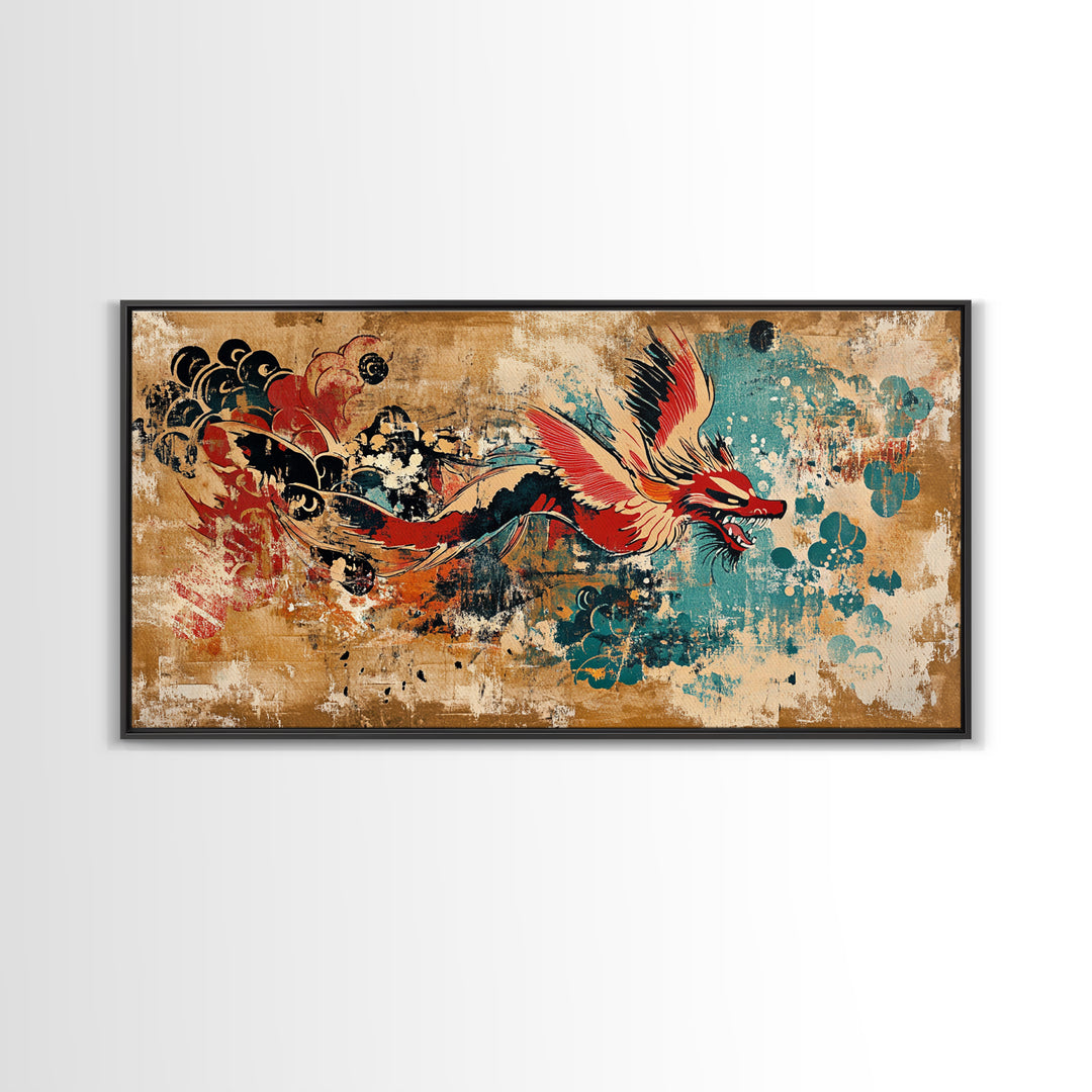 Red Asian Dragon With Teal Grunge Wall Art, Japanese Canvas Print, Fantasy Decor, Vibrant Statement Artwork Gift For Him