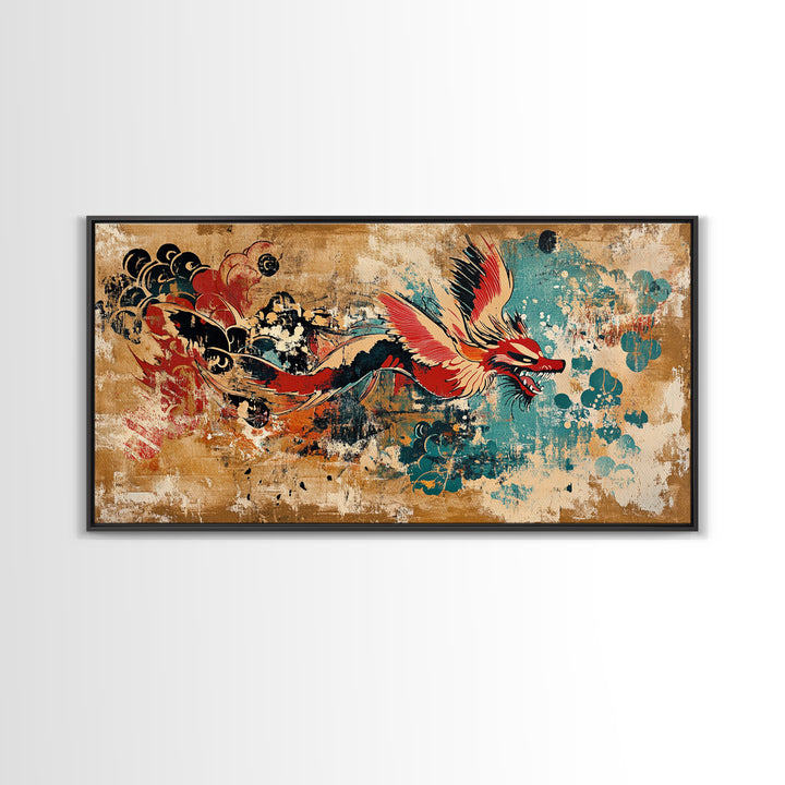 Red Asian Dragon With Teal Grunge Wall Art, Japanese Canvas Print, Fantasy Decor, Vibrant Statement Artwork Gift For Him