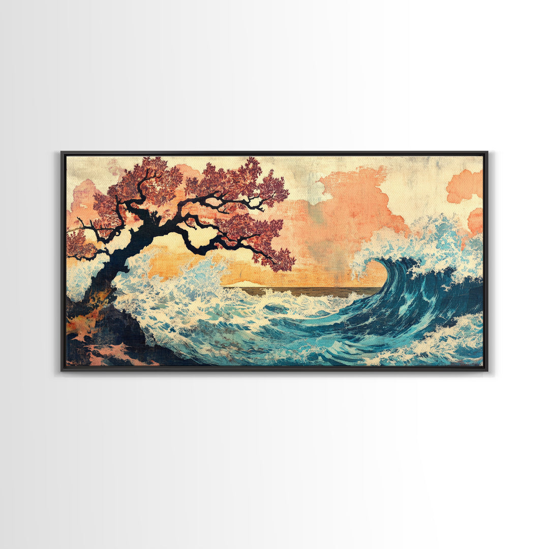 Cherry Blossom Tree And Blue Wave Framed Canvas Print, Japanese Wall Art, Coastal Decor, Serene Bedroom Wall Decor Gifts