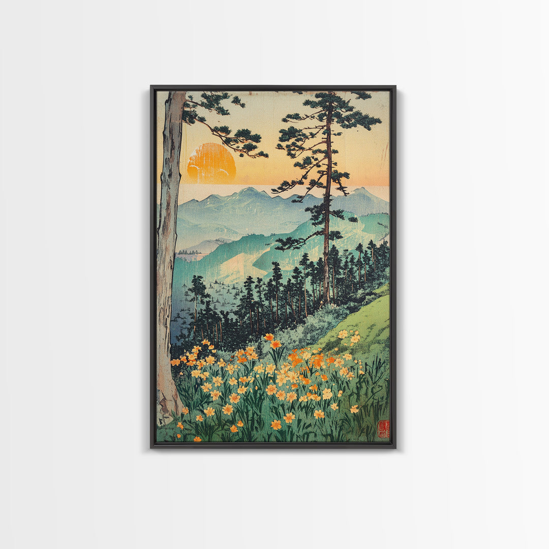 Orange Sun Mountain Forest With Wildflowers Wall Art, Japanese Woodblock Landscape Print, Nature Decor, Living Room Art Print