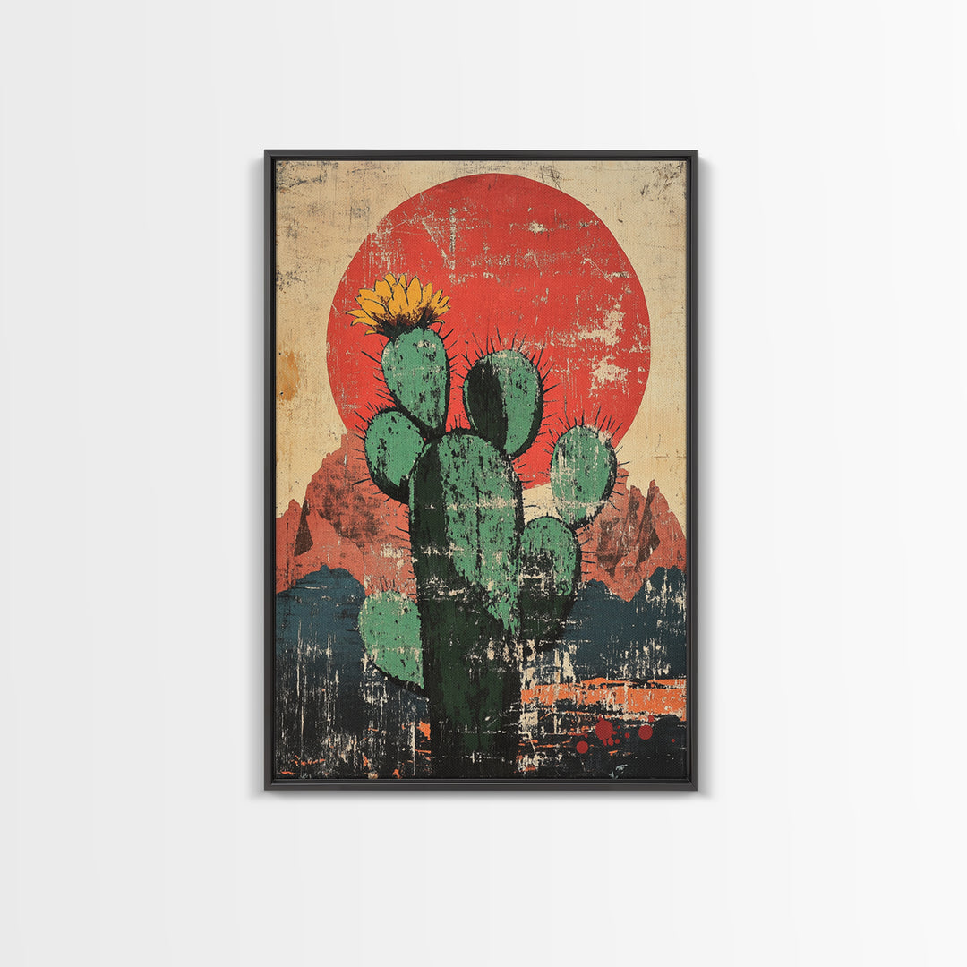 Blooming Prickly Pear Cactus At Red Sun Canvas Print, Southwestern Desert Wall Decor, Boho Western Home Decor, Arizona Art, Rustic Decor