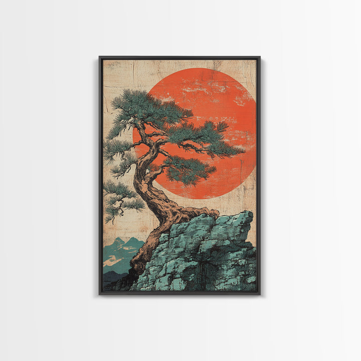 Twisted Pine Tree On Cliff With Red Sun Framed Canvas Print, Japanese Wall Art, Japandi Decor, Zen Landscape Art, Nature Home Decor