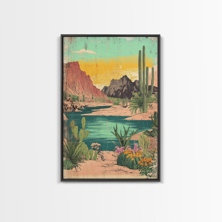 Turquoise Desert River Canyon With Saguaro Cactus Wall Art, Southwestern Landscape Print, Arizona Home Decor, Boho Decor