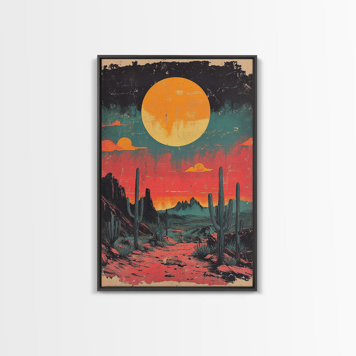Neon Desert Sunset With Saguaro Cacti Canvas Print, Southwestern Wall Art, Retro Western Decor, Colorful Living Room Art