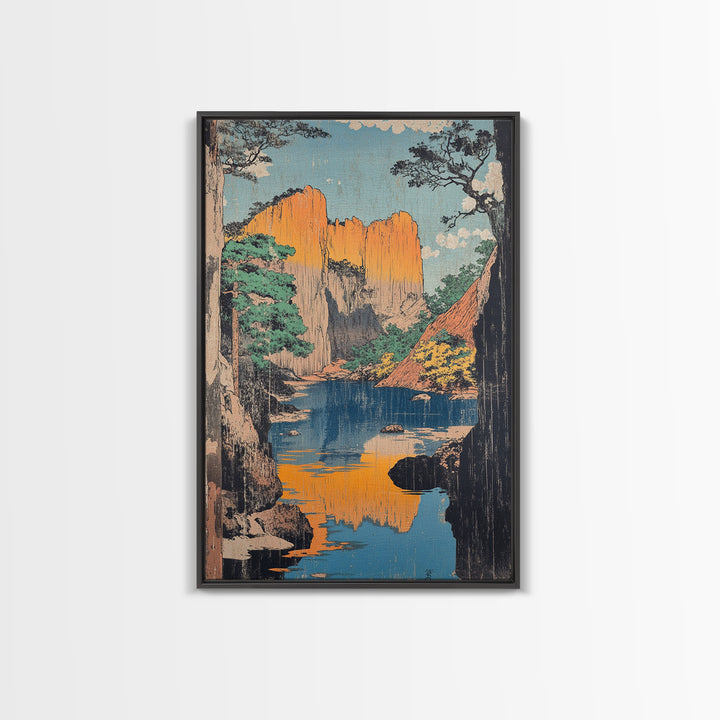 Golden Canyon River Reflection Landscape Wall Art, Japanese Woodblock Style Print, Nature Decor, Large Living Room Art Print