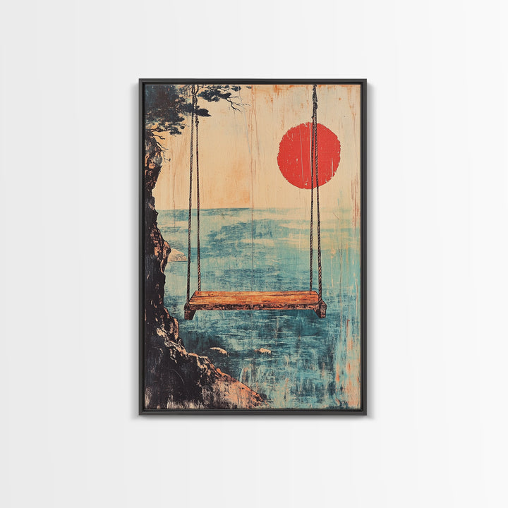 Minimal Japanese Ocean Swing Wall Art, Red Sun Coastal Print, Japandi Wall Decor, Beach House Decor, Calming Canvas Print