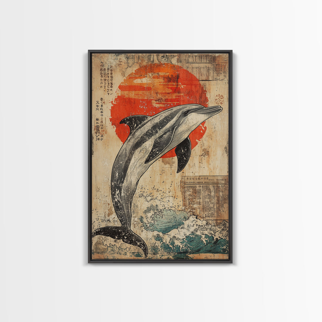 Leaping Dolphin Red Sun Wall Art, Japanese Ocean Print, Nautical Coastal Decor, Sea Life Artwork, Bathroom Canvas Print Gift
