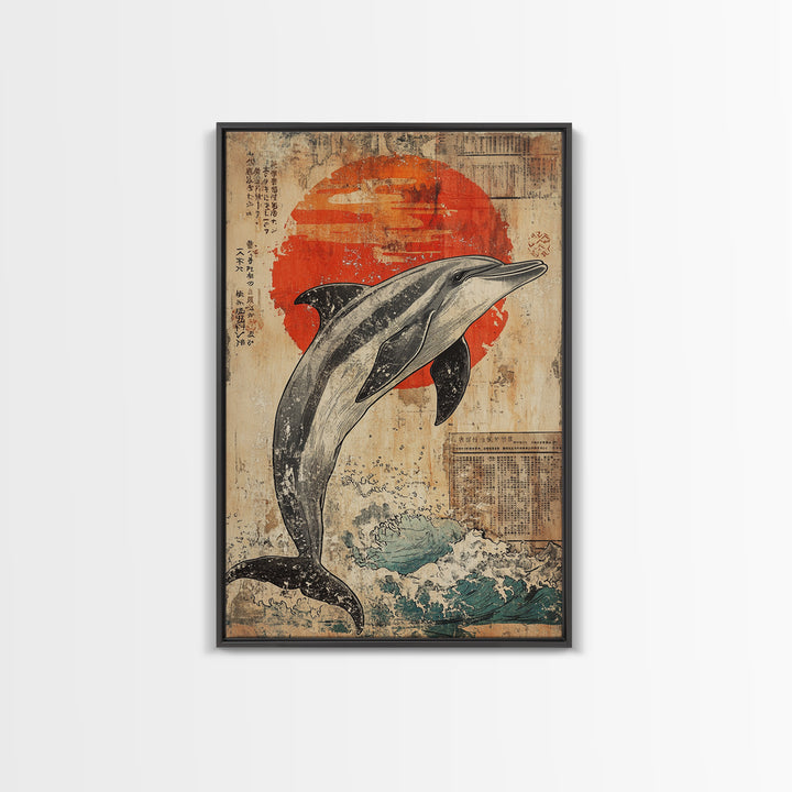Leaping Dolphin Red Sun Wall Art, Japanese Ocean Print, Nautical Coastal Decor, Sea Life Artwork, Bathroom Canvas Print Gift