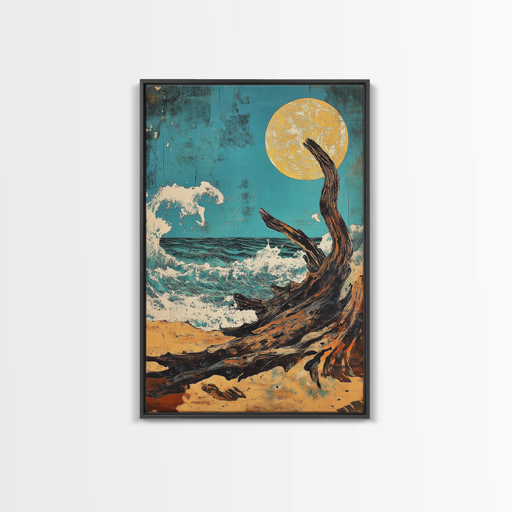 Driftwood Moonlit Ocean Waves Canvas Print, Japanese Coastal Wall Decor, Beach House Art, Teal Nautical Living Room Decor