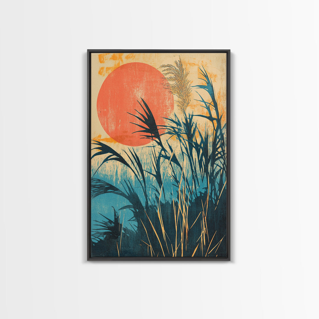 Tropical Reeds Orange Sun Canvas Print, Boho Coastal Wall Decor, Botanical Nature Art For Bedroom And Living Room Decor Gift