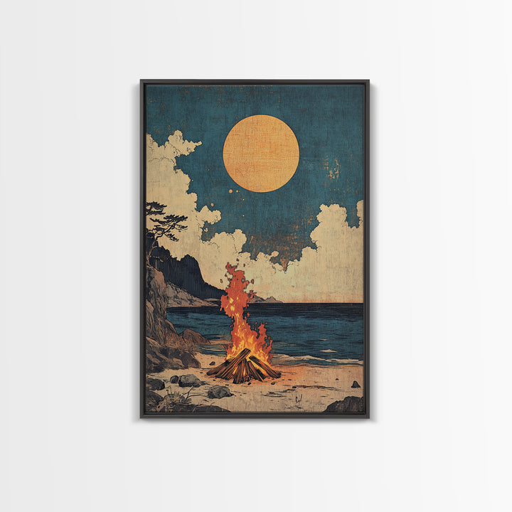 Beach Bonfire Full Moon Framed Canvas Print, Coastal Seascape Wall Art, Rustic Cabin Decor, Nautical Living Room Print Gift