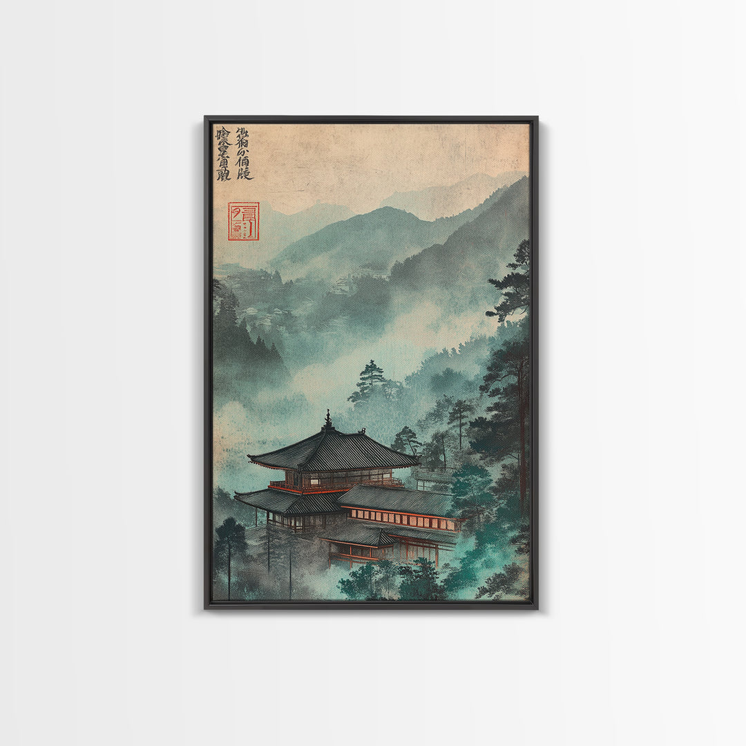 Misty Japanese Temple In Teal Mountains Wall Art, Asian Landscape Print, Japandi Decor, Zen Home Decor, Living Room Wall Art