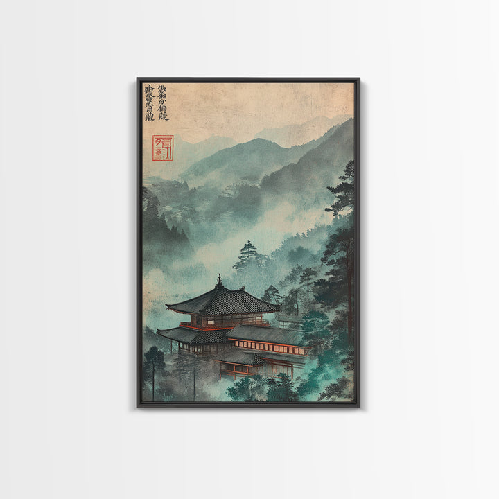Misty Japanese Temple In Teal Mountains Wall Art, Asian Landscape Print, Japandi Decor, Zen Home Decor, Living Room Wall Art