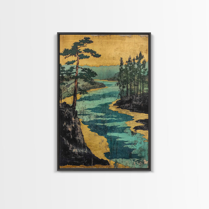 Gold River And Pine Forest Canvas Print, Japanese Landscape Art, Asian Wall Decor, Japandi Style Art, Serene Living Room Decor