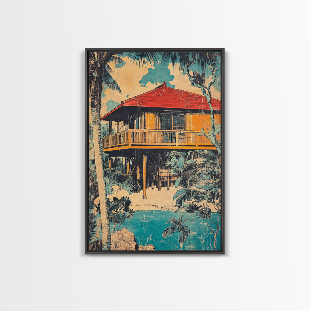 Tropical Stilt Beach House Canvas Print, Coastal Wall Art, Palm Tree Decor, Beach House Art, Summer Home Decor, Large Wall Art