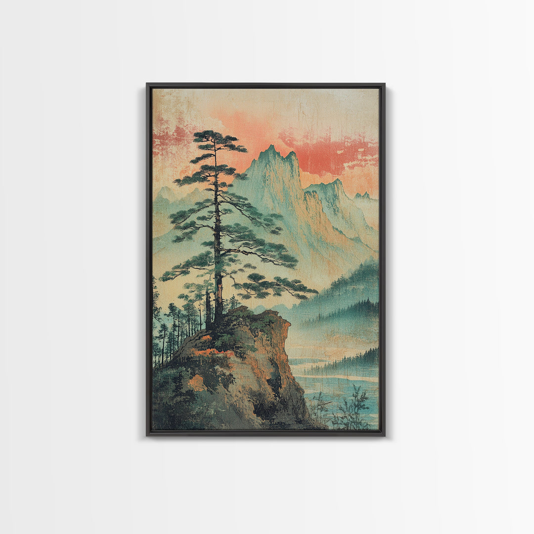 Misty Pine Cliff And Mountain Lake Wall Art, Japanese Landscape Print, Nature Wall Art, Serene Wall Art, Japandi Home Decor