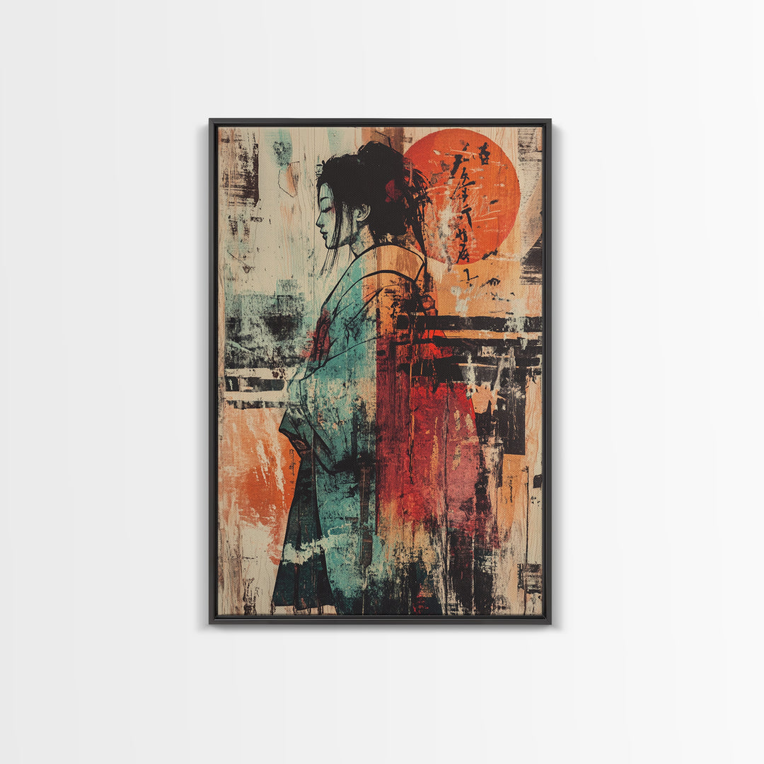 Abstract Kimono Woman With Red Sun Wall Art, Japanese Wall Art, Asian Inspired Decor, Feminine Wall Art, Modern Portrait Print