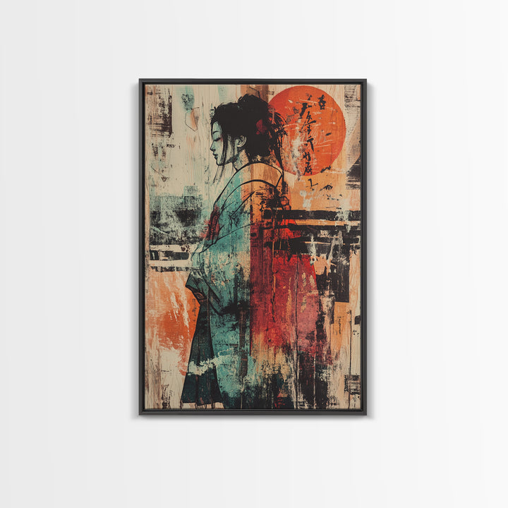 Abstract Kimono Woman With Red Sun Wall Art, Japanese Wall Art, Asian Inspired Decor, Feminine Wall Art, Modern Portrait Print