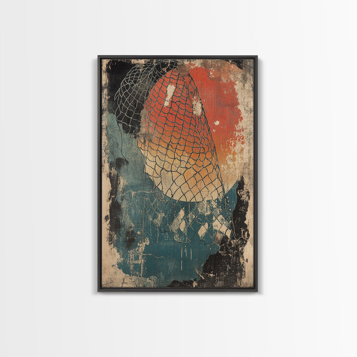 Fishing Net Abstract Wall Art, Red Sun Coastal Canvas Print, Nautical Wall Decor, Modern Rustic Home Decor, Beach House Decor