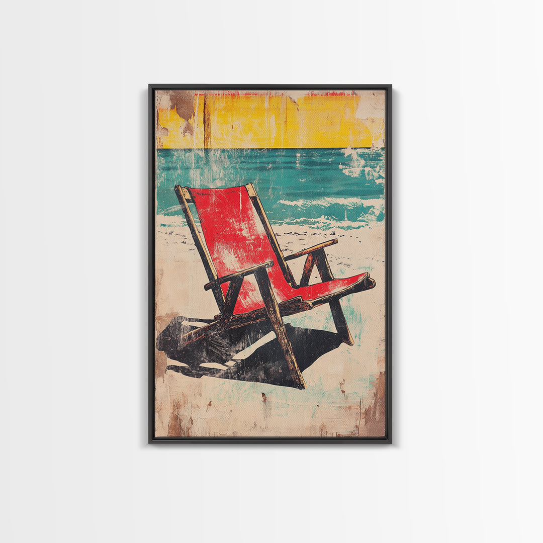 Red Beach Chair Wall Art, Turquoise Ocean Canvas Print, Retro Coastal Decor, Summer Beach House Gift For Her, Living Room Decor