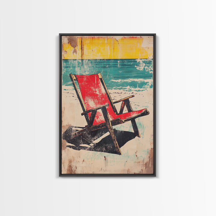 Red Beach Chair Wall Art, Turquoise Ocean Canvas Print, Retro Coastal Decor, Summer Beach House Gift For Her, Living Room Decor