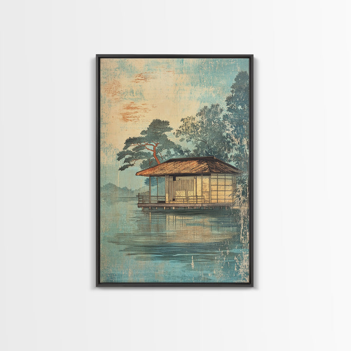 Misty Lakeside House Wall Art, Serene Japanese Landscape Canvas Print, Japandi Lake Decor, Neutral Living Room Art, Zen Home Decor