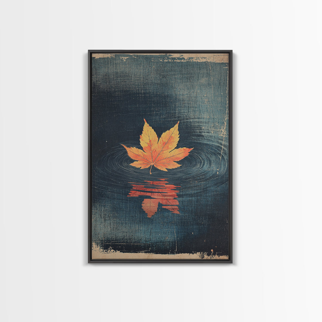 Floating Maple Leaf Wall Art, Dark Water Reflection Canvas Print, Japanese Autumn Decor, Minimalist Nature Art, Japandi Wall Decor