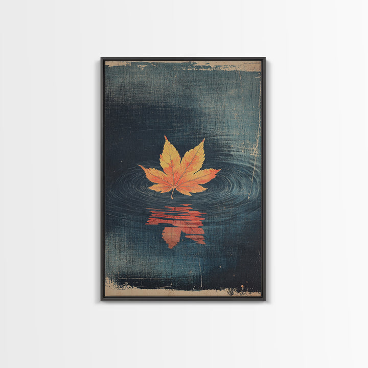 Floating Maple Leaf Wall Art, Dark Water Reflection Canvas Print, Japanese Autumn Decor, Minimalist Nature Art, Japandi Wall Decor
