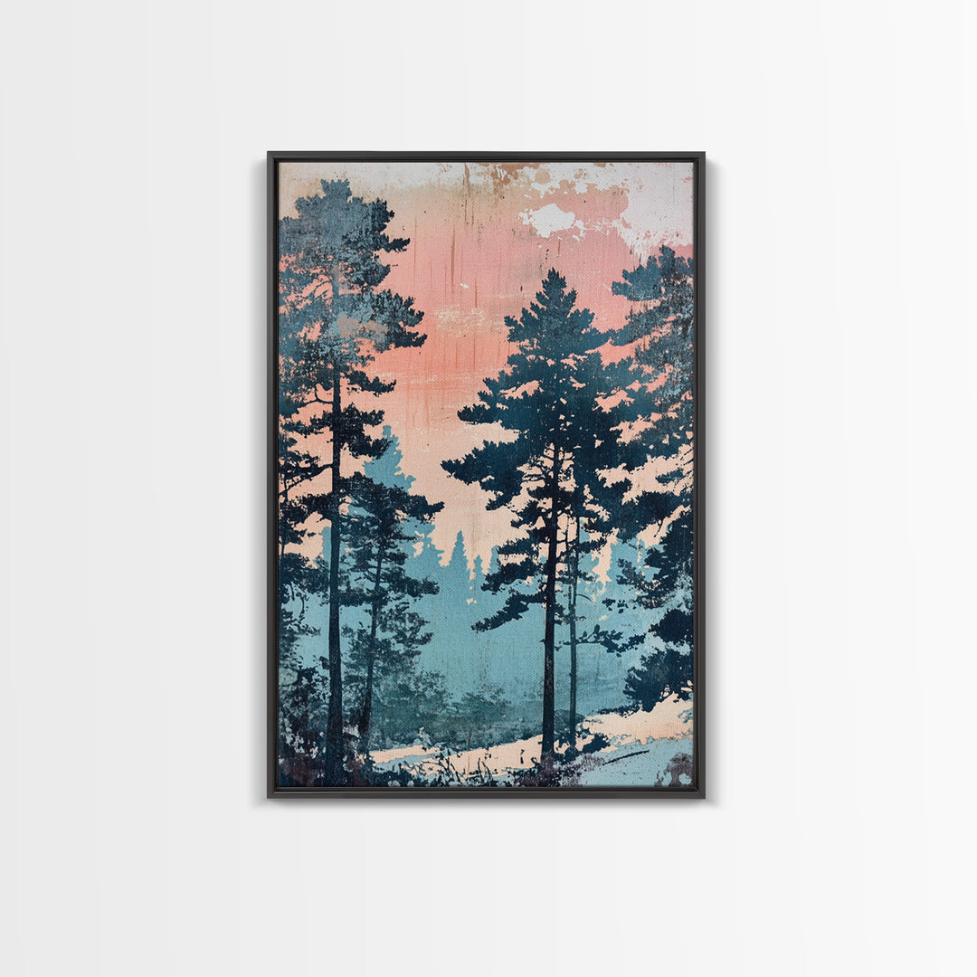 Misty Pine Forest Sunrise Wall Art, Pink Blue Nature Landscape Print, Scandinavian Decor, Calming Bedroom Or Office Decor