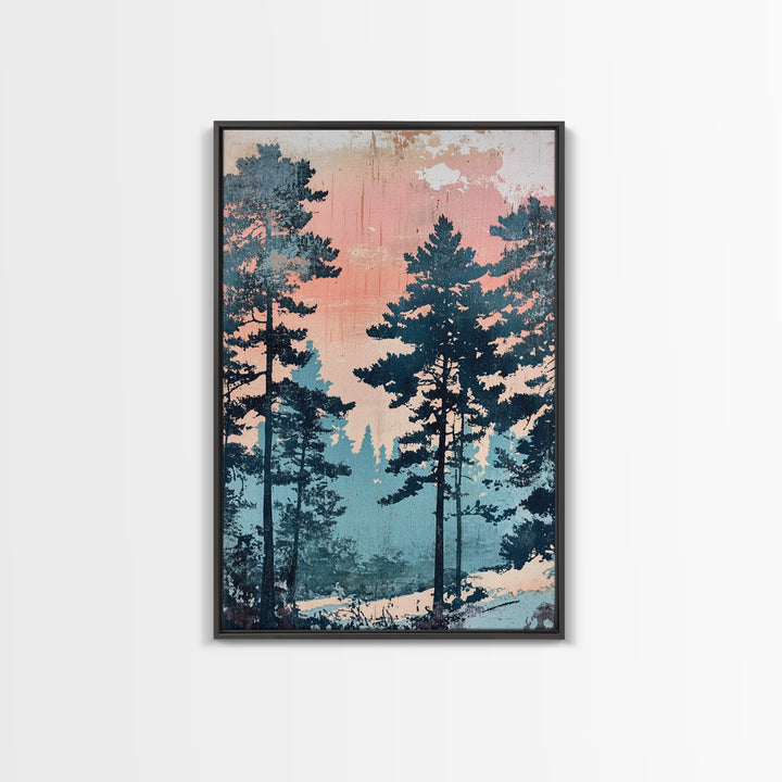 Misty Pine Forest Sunrise Wall Art, Pink Blue Nature Landscape Print, Scandinavian Decor, Calming Bedroom Or Office Decor