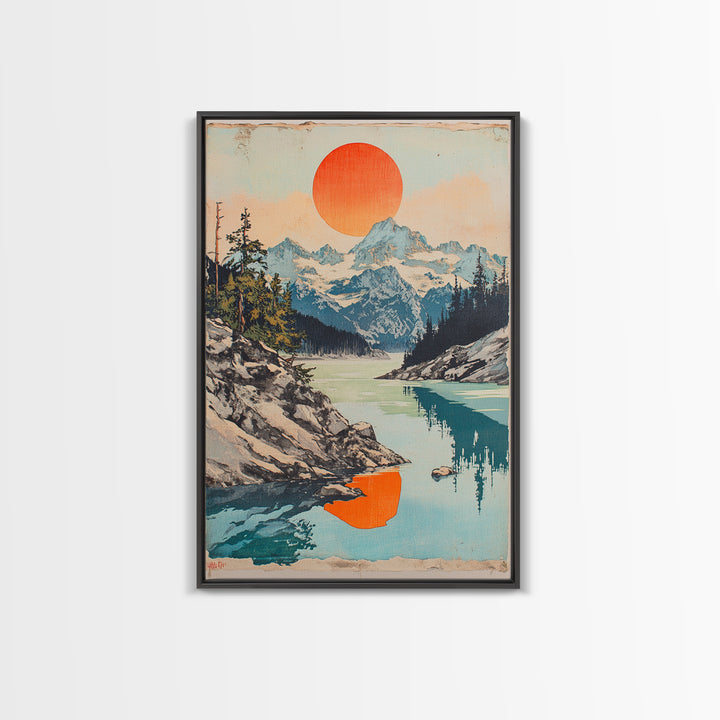 Alpine Lake And Snowy Mountains Wall Art, Orange Sun Landscape Print, Scandinavian Nature Decor, Large Canvas Print For Living Room
