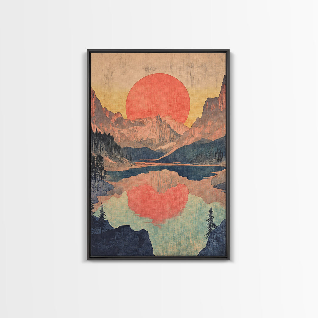 Red Sun Mountain Lake Wall Art, Japanese Landscape Print, Retro Nature Poster, Scenic Living Room Decor, Large Canvas Art