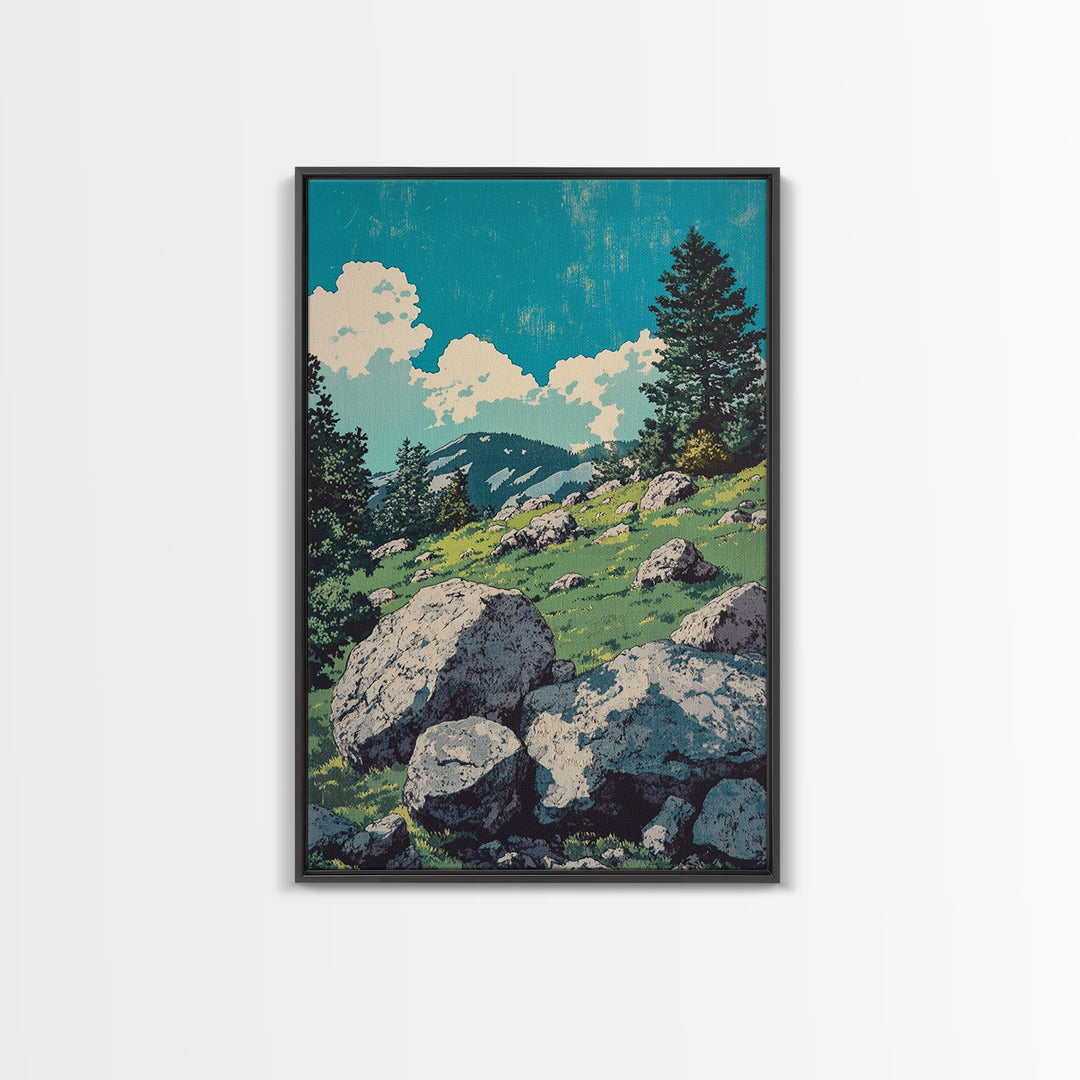 Alpine Meadow Boulder Wall Art, Mountain Landscape Print, Rustic Cabin Decor, Nature Poster, Large Canvas Art For Living Room