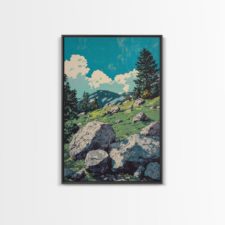 Alpine Meadow Boulder Wall Art, Mountain Landscape Print, Rustic Cabin Decor, Nature Poster, Large Canvas Art For Living Room
