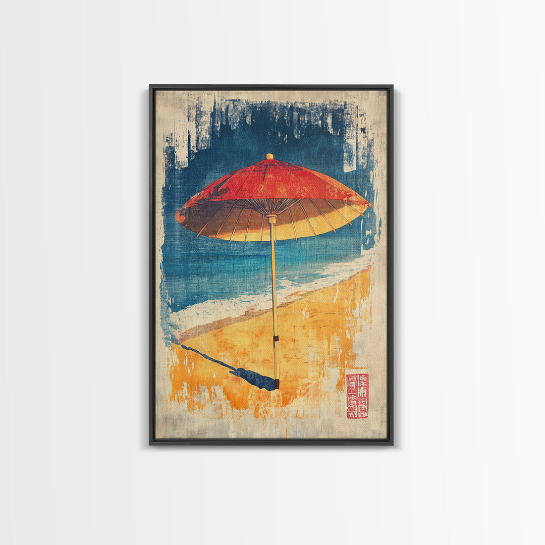 Red Beach Umbrella Canvas Print, Coastal Wall Art, Summer Beach House Decor, Tropical Ocean Poster, Bright Bathroom Wall Decor