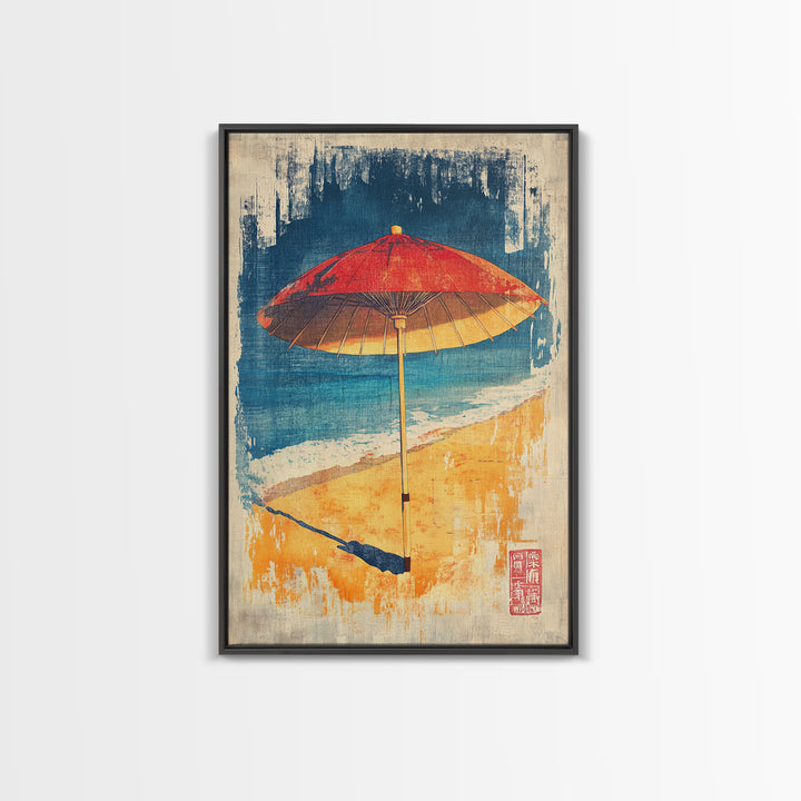Red Beach Umbrella Canvas Print, Coastal Wall Art, Summer Beach House Decor, Tropical Ocean Poster, Bright Bathroom Wall Decor