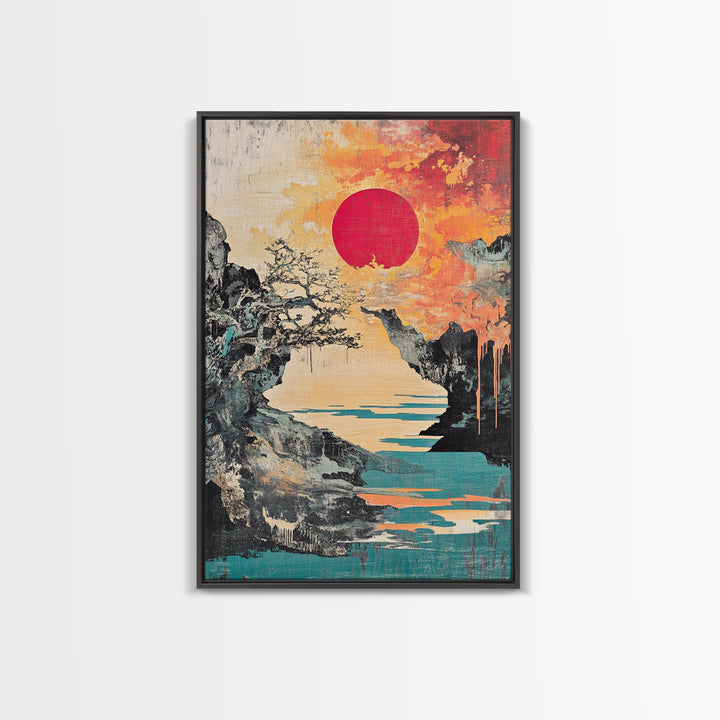 Dramatic Rocky Cove Sunset Red Sun Canvas Print, Japanese Mountain Landscape Art, Coastal Wall Decor, Modern Japandi Living Room Art